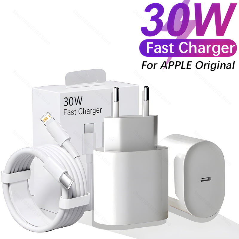 Cargador Rápido iPhone (8-14) 30W con Cable USB-C a Lightning (carga rápida, estable y segura)