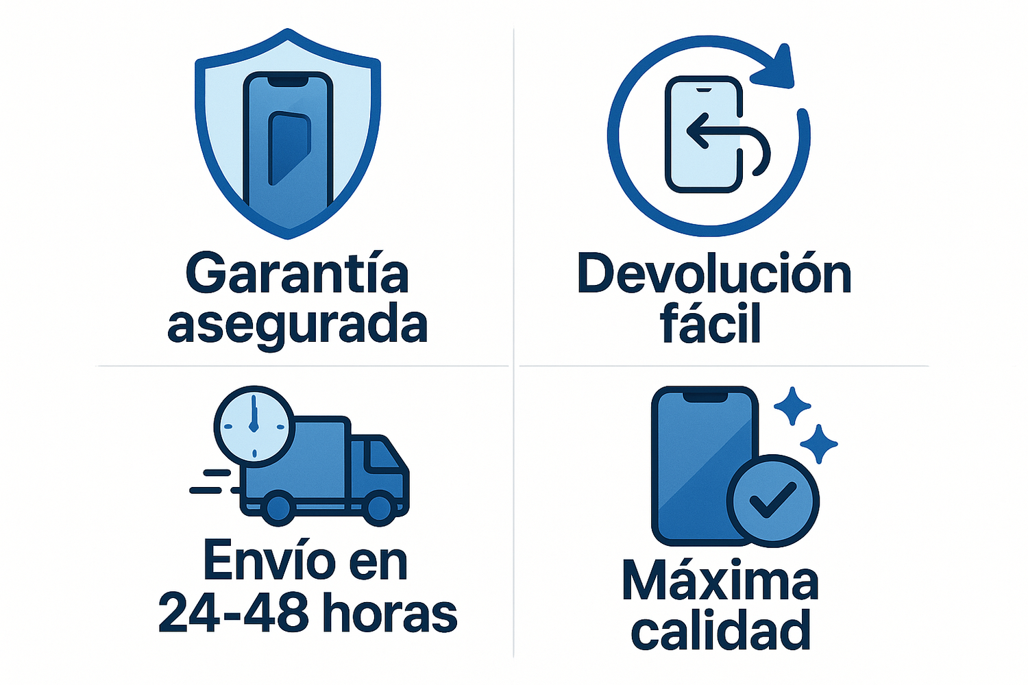 esto con sus emoticonos corrrespondientes Garantía asegurada
Todos nuestros iPhone cuentan con garantía para que compres con total tranquilidad.
Devolución fácil
Si no estás satisfecho, dispones de un proceso de devolución sencillo y rápido.
Envío en 24-48 horas
Recibe tu iPhone en la puerta de tu casa en tan solo 1 a 2 días hábiles.
Máxima calidad
iPhone revisados y seleccionados para garantizar el mejor estado y rendimiento.